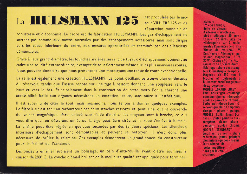 Hulsmann folder 125cc - Franstalig - 1953/54