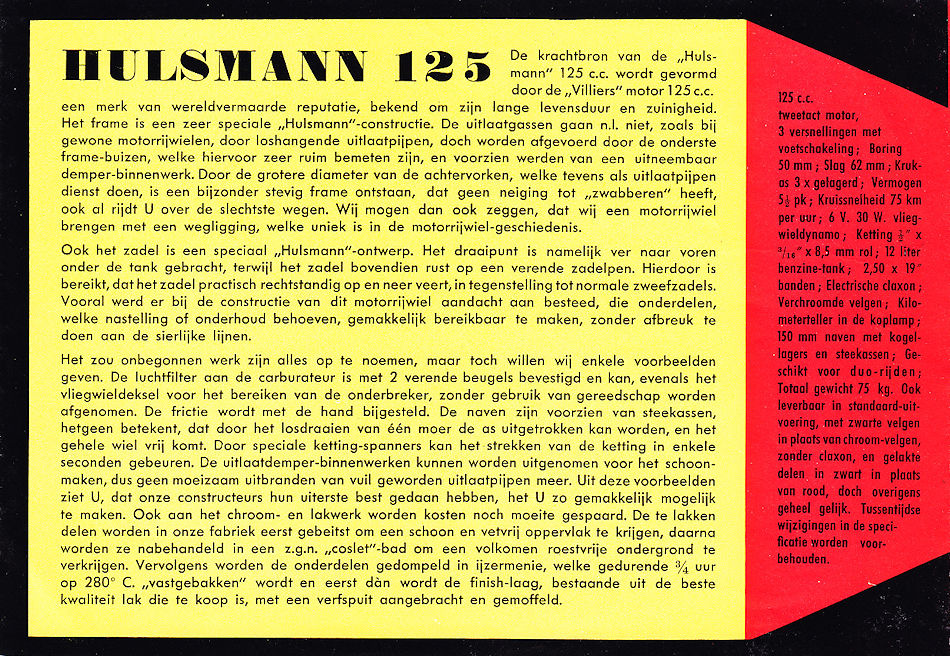 Hulsmann folder 125cc - Nederlandstalig - 1953/54