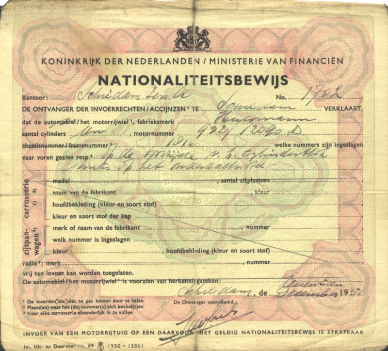 Nationaliteitsbewijs Hulsmann 125cc