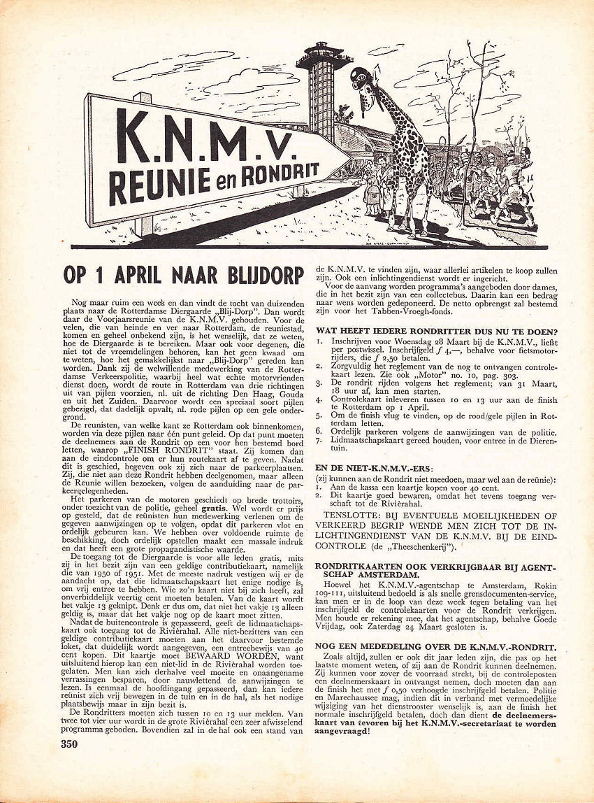 Aankondiging van de KNMW Reunie en rondrit 1951, startend bij Blijdorp in Rotterdam