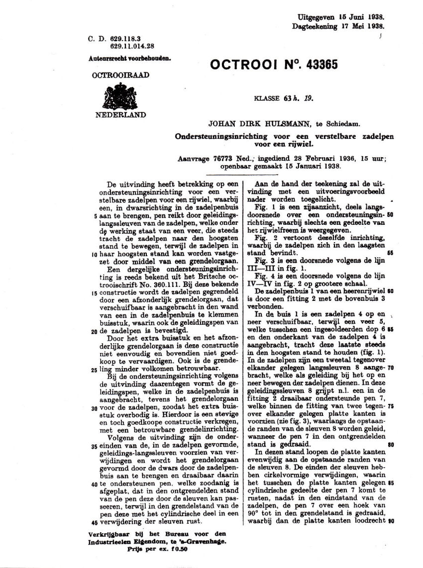 Hulsmann patent voor verstelbare fietszadelpen