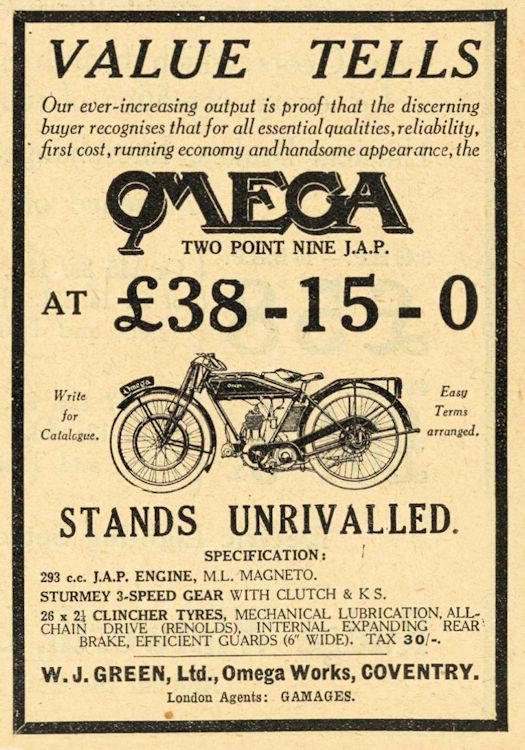 Omega advertisment from Motor Cycling - 1925