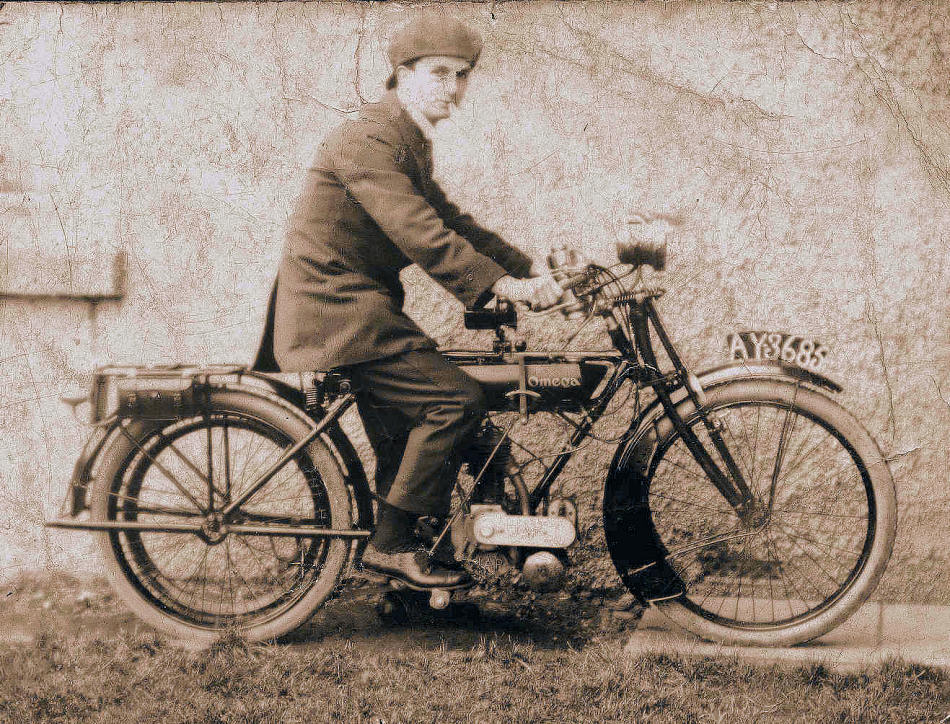 Arthur Neale Badcock on his Omega motorcycle