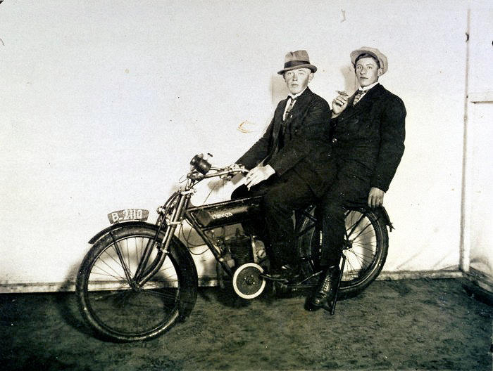 Historic picture of an Omega motorcycle in Friesland, Netherlands