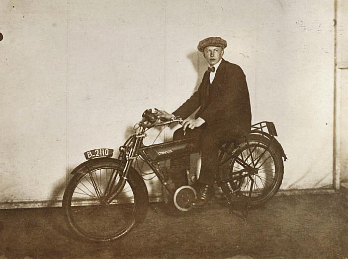 Historic picture of an Omega motorcycle in Friesland, Netherlands