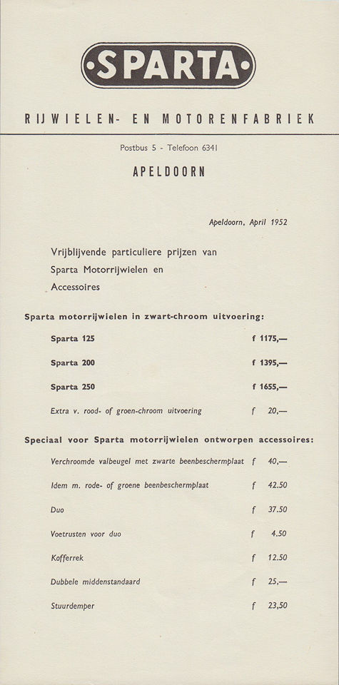 Prijslijst Sparta motorfietsen 1955
