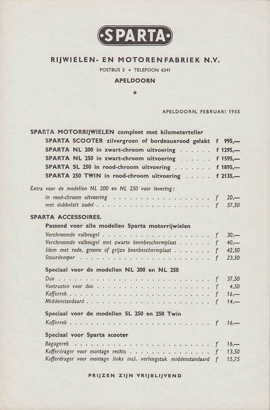 Prijslijst Sparta motorfietsen 1955