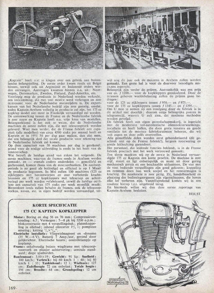 KNMV Motorwereld 1949 - Start van de Kaptein motorproductie