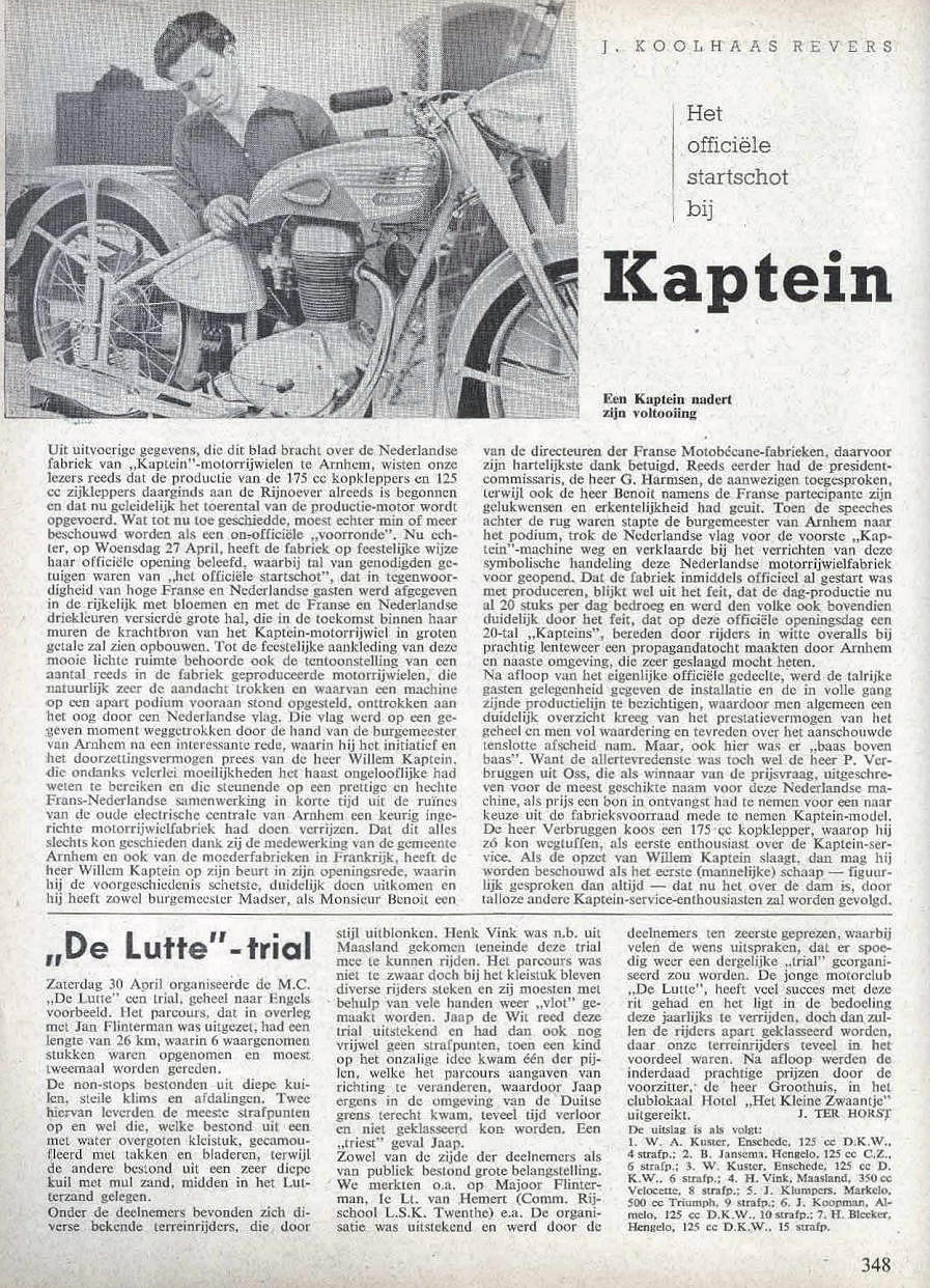 KNMV Motorwereld 1949 - Start van de Kaptein motorproductie