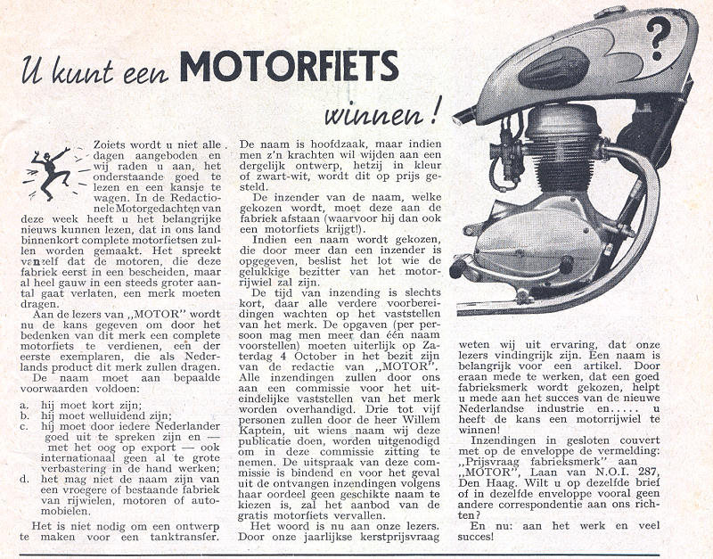 Prijsvraag voor een naam voor het nieuwe motormerk van Willem Kaptein, uit Motor nr. 39 van 1947
