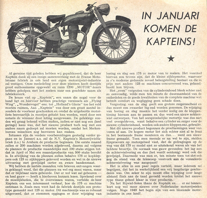 Aankondiging start levering Kapteins in januari 1949