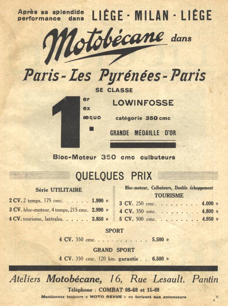 Franse advertentie voor Motobécane uit Moto Revue 1931